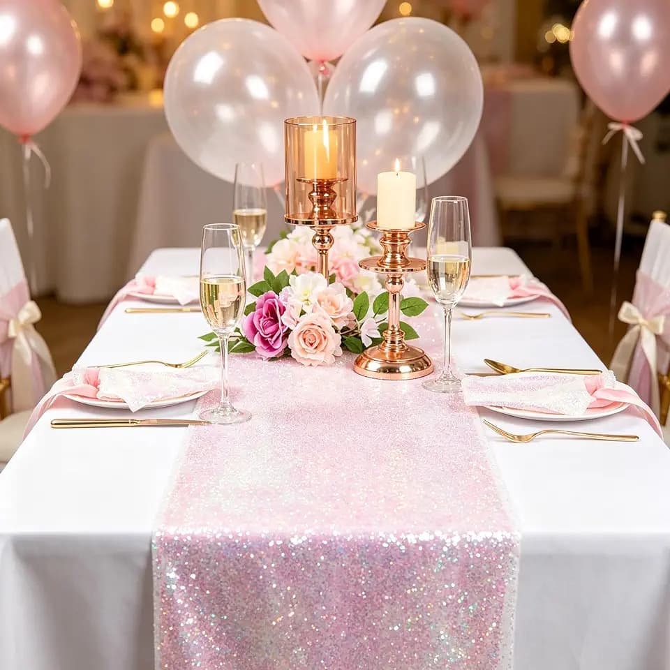 ShinyBeauty Iridescent White Sequin Table Runner 12x108 2-Pack Weddings