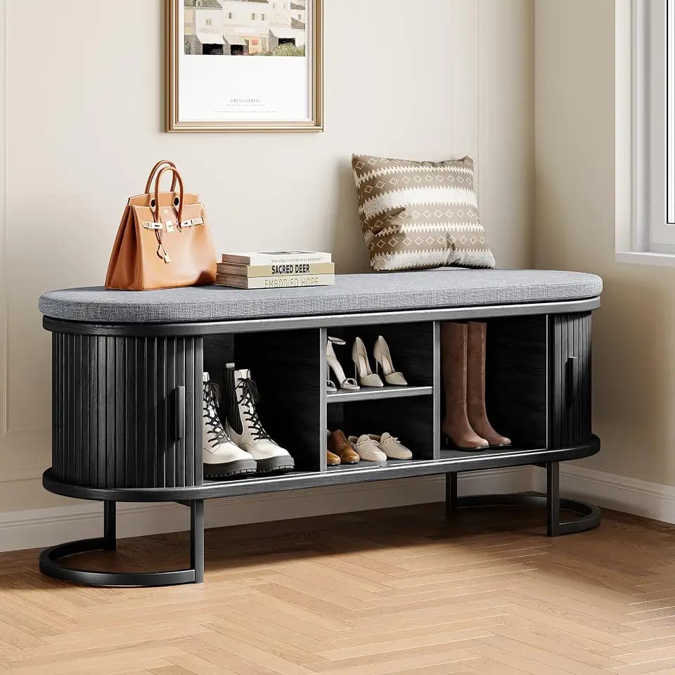 Decofy Shoe Storage Bench with Cushion and Sliding Doors, 47.2 Inch Shoe Bench with Storage, Freestanding Entryway Bench with Storage, Sturdy Metal Feet, for Hallway & Entrance Hall, Black Walnut