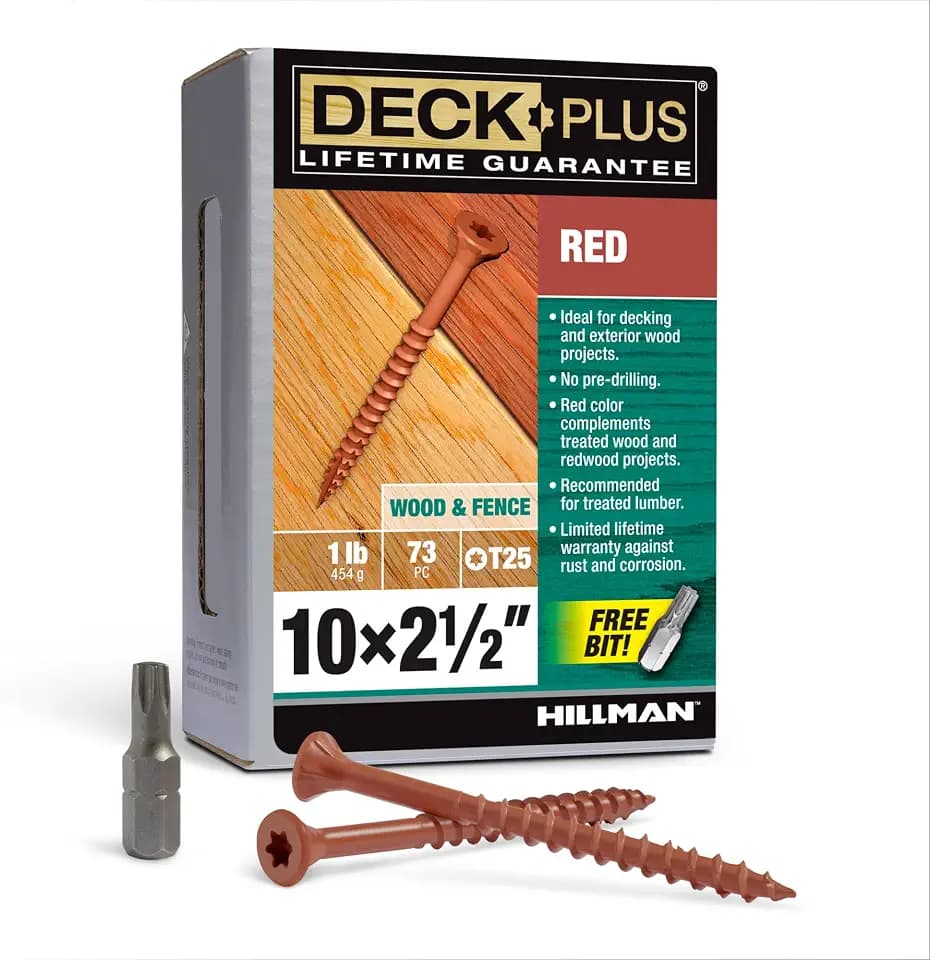 Deck Plus 2-1/2 Inch Epoxy Coated Exterior Wood and Fence Screws #10 x 2-1/2" Torx/Star Drive Included Coarse Thread, Outdoor Rust Resistant Decking Screw, Red, 1lb Box, 73 Pieces | 48429