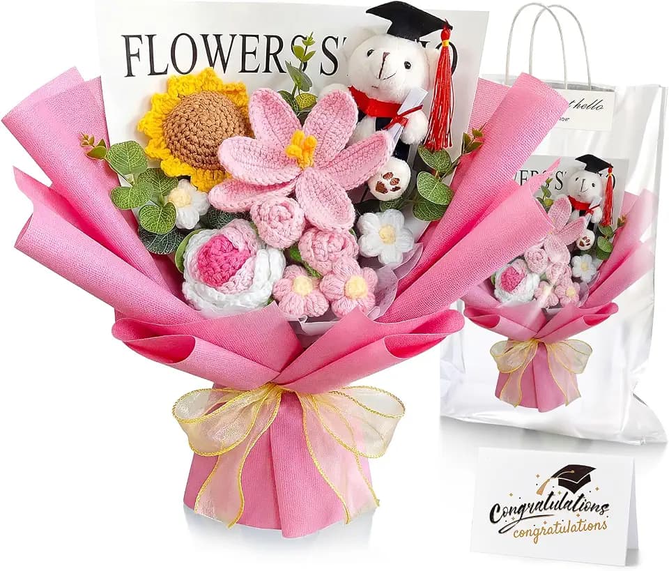 Giegxin Graduation Crochet Flowers Bouquet Set 2026 Grad Cap Plush Bear Hand Knitted Rose Tulip Daisy Sunflower Bouquet Greeting Card Gift Bag for Wedding Birthday Party Favors(Pink)