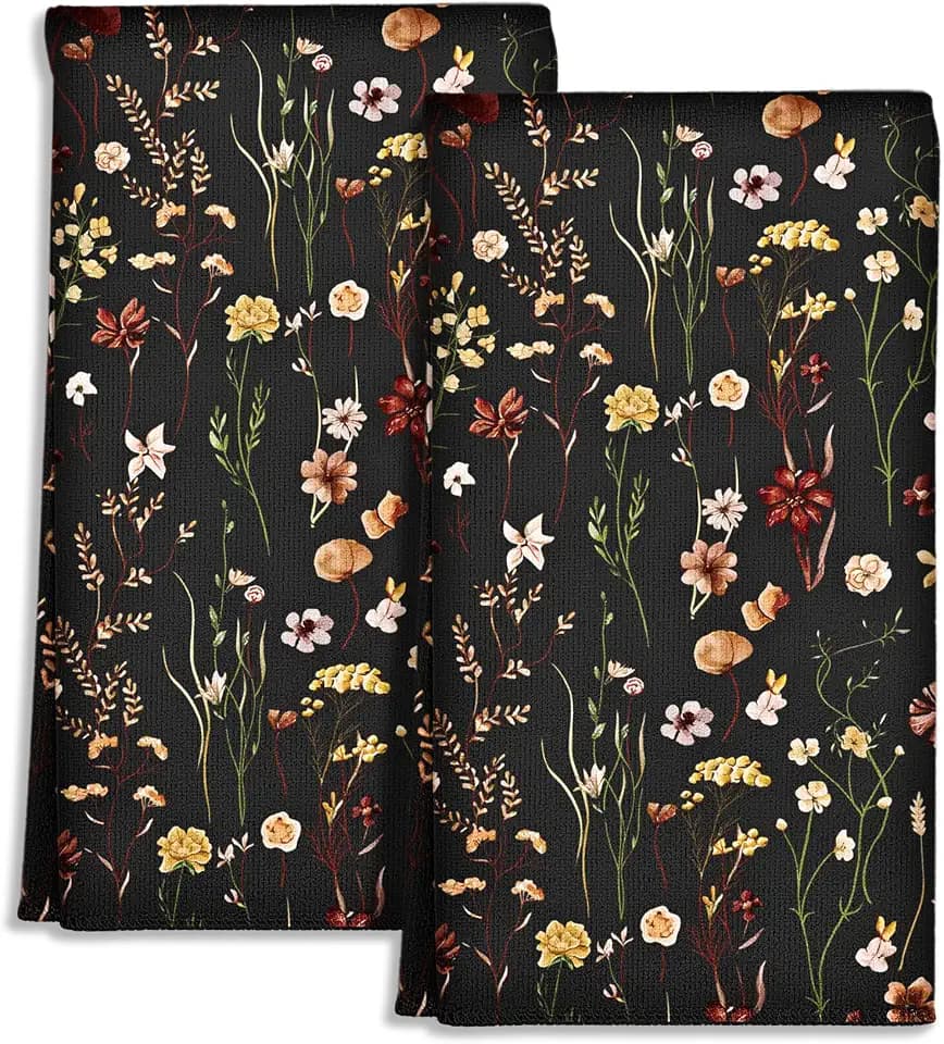 Miss Adola Cute Kitchen Towels Set of 2, 18 x 26 Inch, Black Flower