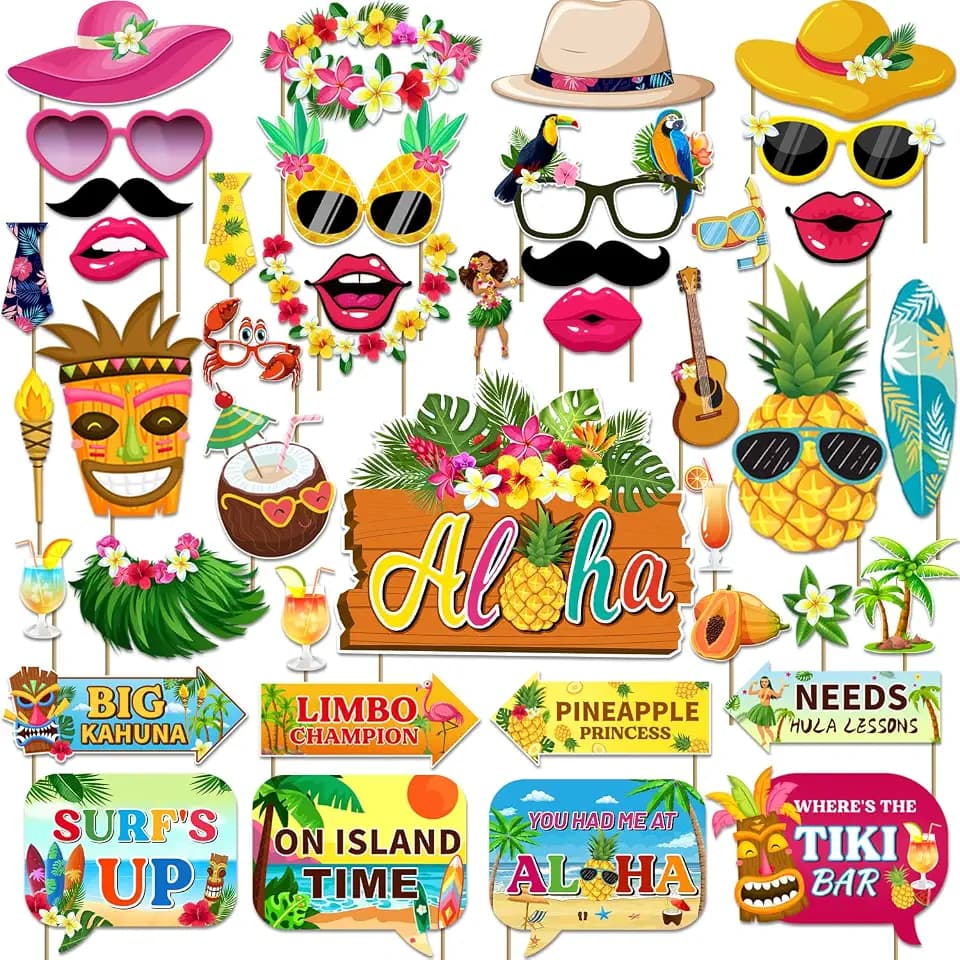 42pcs Luau Party Decorations Photo Booth Props Kit, Hawaiian Themed Party Supplies Tropical Photo Booth Props for Summer Beach Pool