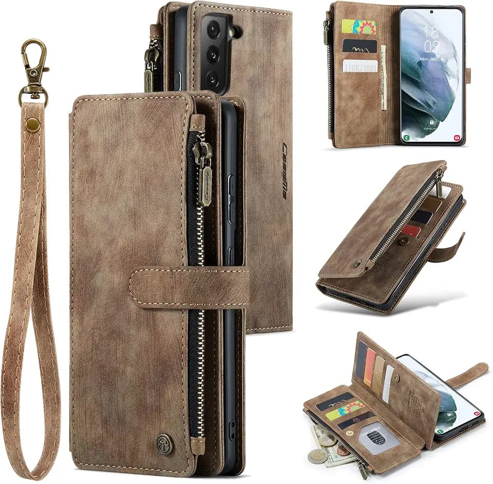 UEEBAI Hülle für Samsung Galaxy S21 5G, Premium PU Lederhülle, Braun