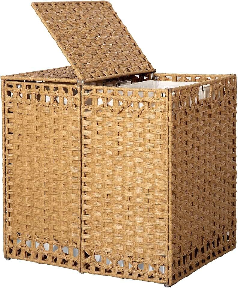 130L Foldable Laundry Hamper with Lid - Handwoven Rattan Storage Basket, 2-Section Clothes Hamper w/2 Removable Liner Bags, Easy Assembly, Portable for Bedroom Bathroom Dorm,Natural