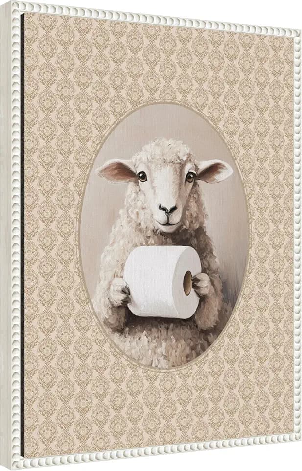 Kate and Laurel Framed Canvas Wall Art Print Cute Sheep & Toilet Paper Bathroom by The Creative Bunch Studio, 18 x 24 Sylvie Beaded White Frame, Whimsical, Animal Art for Wall Decor