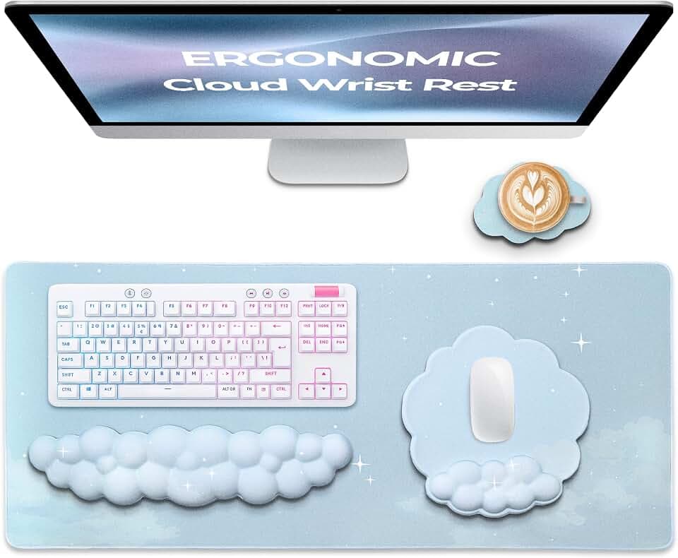 Premium Quality Cloud Wrist Rest Keyboard & Mouse Pad Set – Ergonomic Memory Foam Desk Accessories with Wrist Support for Office & Gaming – Baby-Blue-Sky