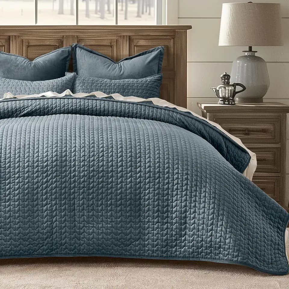EverGrace Cross-Stitch Velvet Quilt Set, Queen Size, Stormy Blue