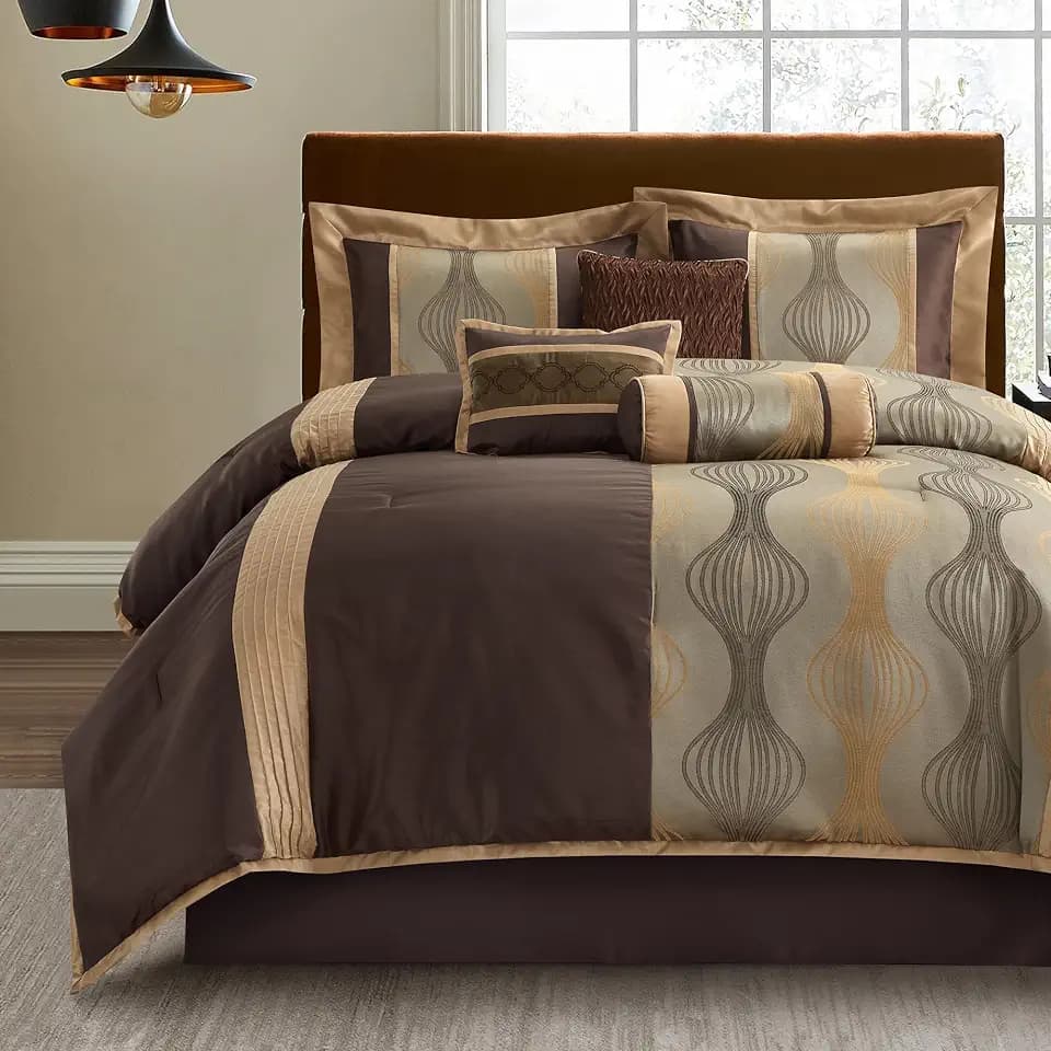 LANCO MODERN LIFESTYLE California King Comforter Set, Brown, 7 Pieces Bed in a Bag, Soft Jacquard with Solid Piecework, Luxury Bed Set with Comforters, Bed Skirt, Pillow Shams and Decorative Pillows