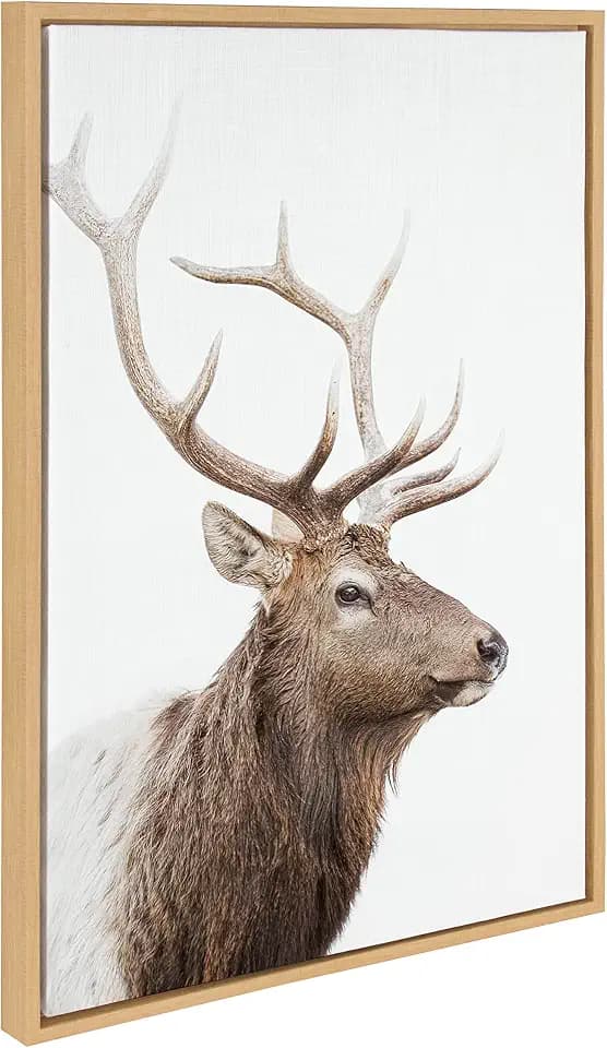 Kate and Laurel Sylvie Stag Profile Framed Canvas Wall Art by Amy Peterson Art Studio; 23x33 Natural; Modern Forest Animal Portrait Art for Wall