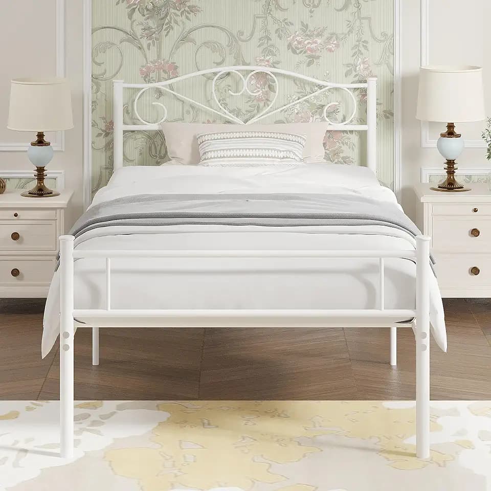 VECELO 14 Inch Twin Size Metal Platform Bed Frame with Headboard and Footboard, Heavy Duty Mattress Foundation with Steel Slats Support, No Box Spring Needed, White