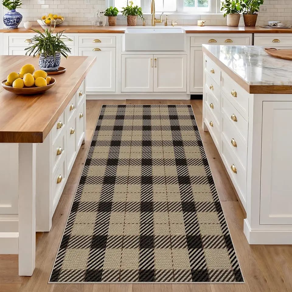 JTJ Easy Jute 3x6 Kitchen Runner Rug, Black & Beige Plaid, Washable