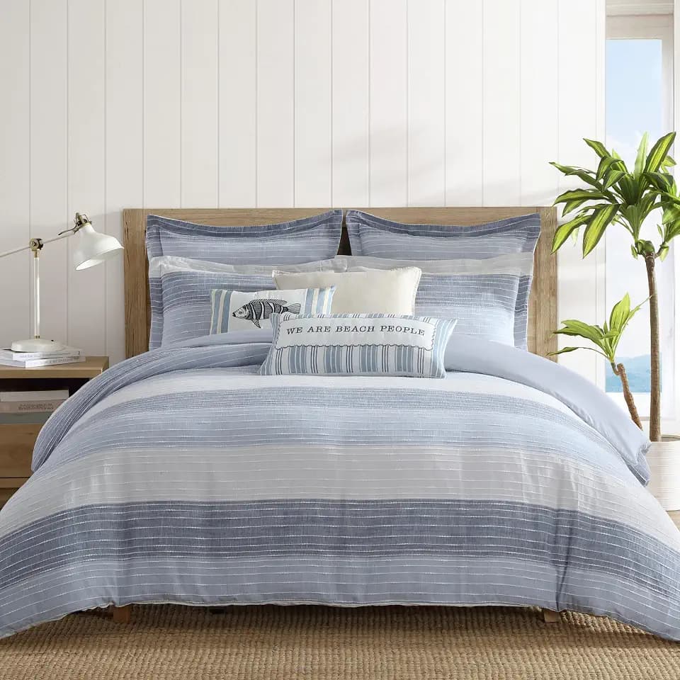 Levtex Home Sand Stripes Blue Full/Queen Comforter Set (90x94in) with 2 Pillowcases (26x20in) - Woven Jacquard Stripe - Blue, Grey, White - Cotton Full/Queen Size Comforter Set - Soft Pre-Washed