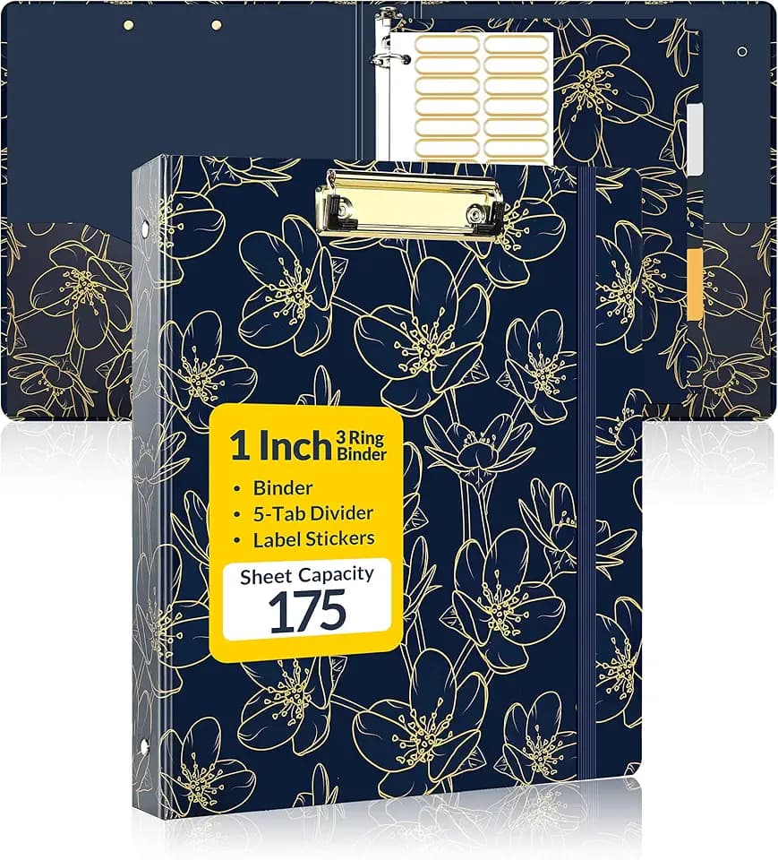 SUNEE 1 Inch Binder with Dividers, Three Ring Binder Organizer with Clipboard, 5 Tab Dividers, 18 Labels and 2 Pockets, Letter Size for School and Office Supplies,Gold Rose on Navy Design