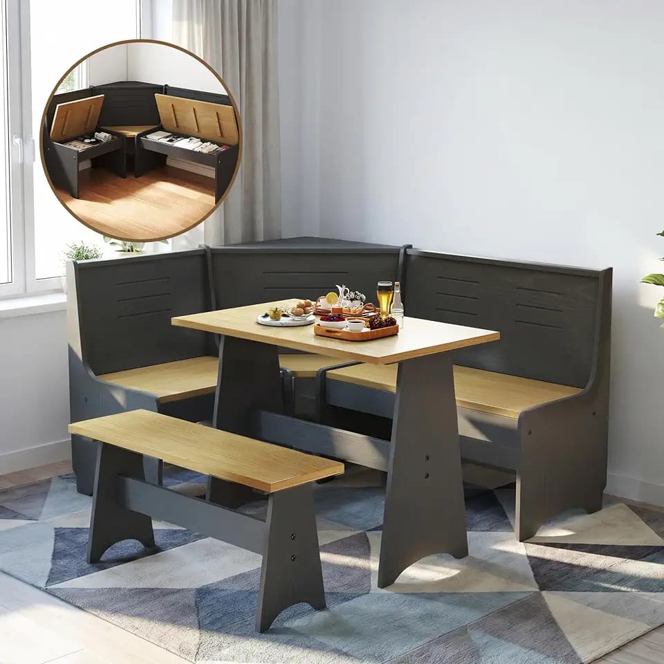 ENOR Solid Wood Breakfast Nook,Corner Dining Table Set for Dining Room,Black