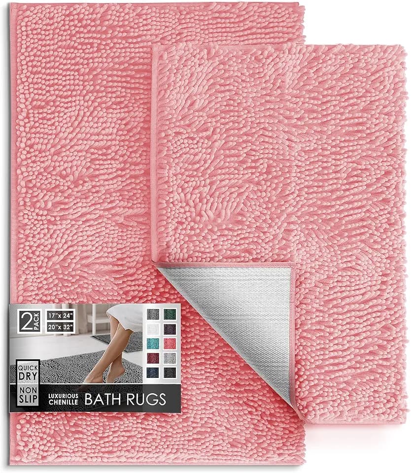 Hearth & Harbor Bathroom Rugs, Chenille Bath Mat - Machine Washable Bath Mats for Bathroom Non-Slip Backing Rubber, Quick Dry Bathroom Mat, 17 x 24 + 20 x 32 - Pink