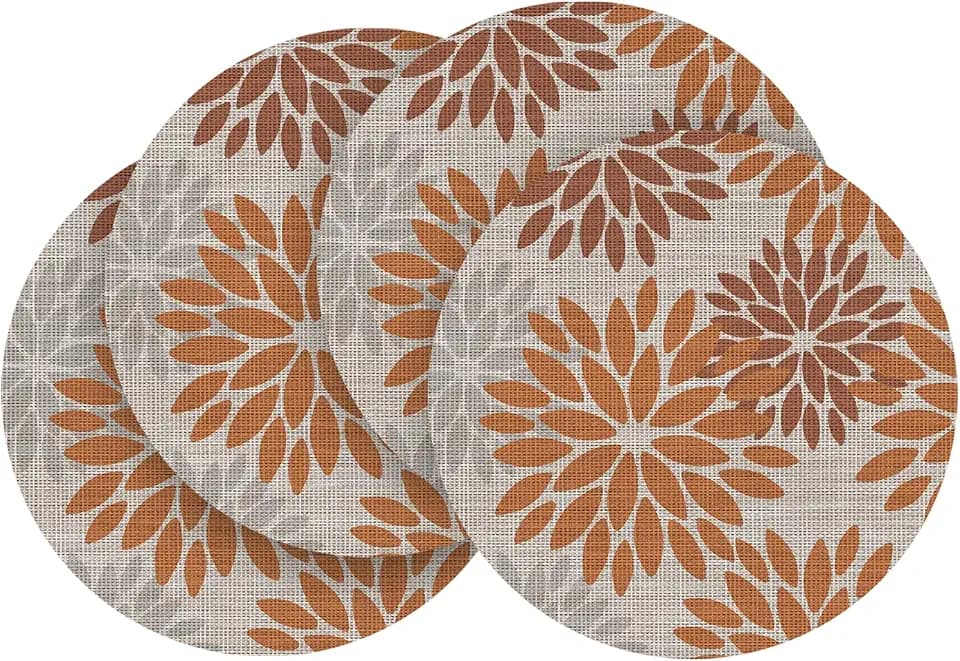 Artoid Mode Orange Dahlia Plastic Round Placemats Set of 4, 14 Inch Seasonal Wipeable Woven Vinyl Table Mats for Farmhouse Party Kitchen Dining Decor
