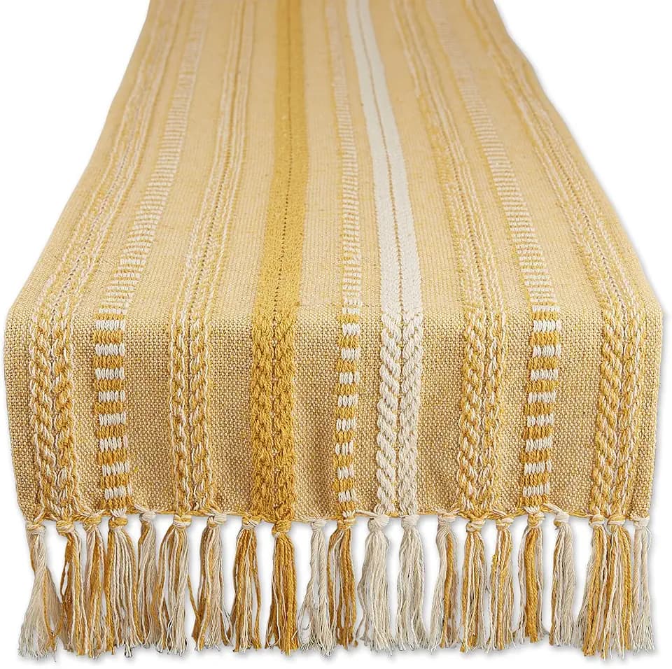 DII Braided Stripe Table Runner, 15x108 with 2.5" Fringe, Honey Gold