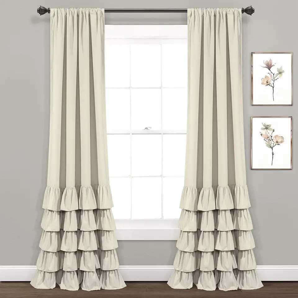 Lush Decor Allison Ruffle Light Filtering Window Curtain Panels Pair 40" W x 84" L Neutral - Coquette Curtains for Bedroom - Drapes - Ruffle Curtains Kids