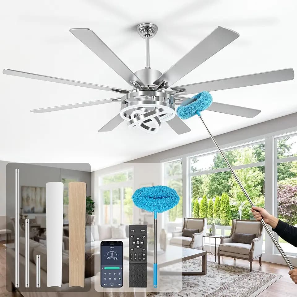 72 Inch Ceiling Fan with Light,Large DIY Rings Modern Silver Ceiling Fan with Light,DC Motor Reversible Ceiling Fan LED Light,3CCT Dimmable,6 Speed,Bedroom Chandelier Ceiling Fan for Living Room,Patio