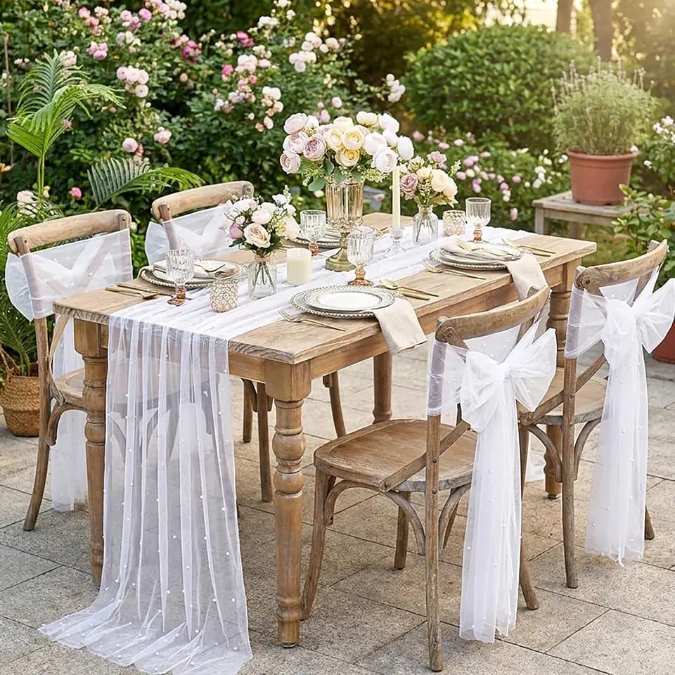 Pearl Gauze Table Runner Sheer Tulle Fabric Set of 6 White Lace Table Decor