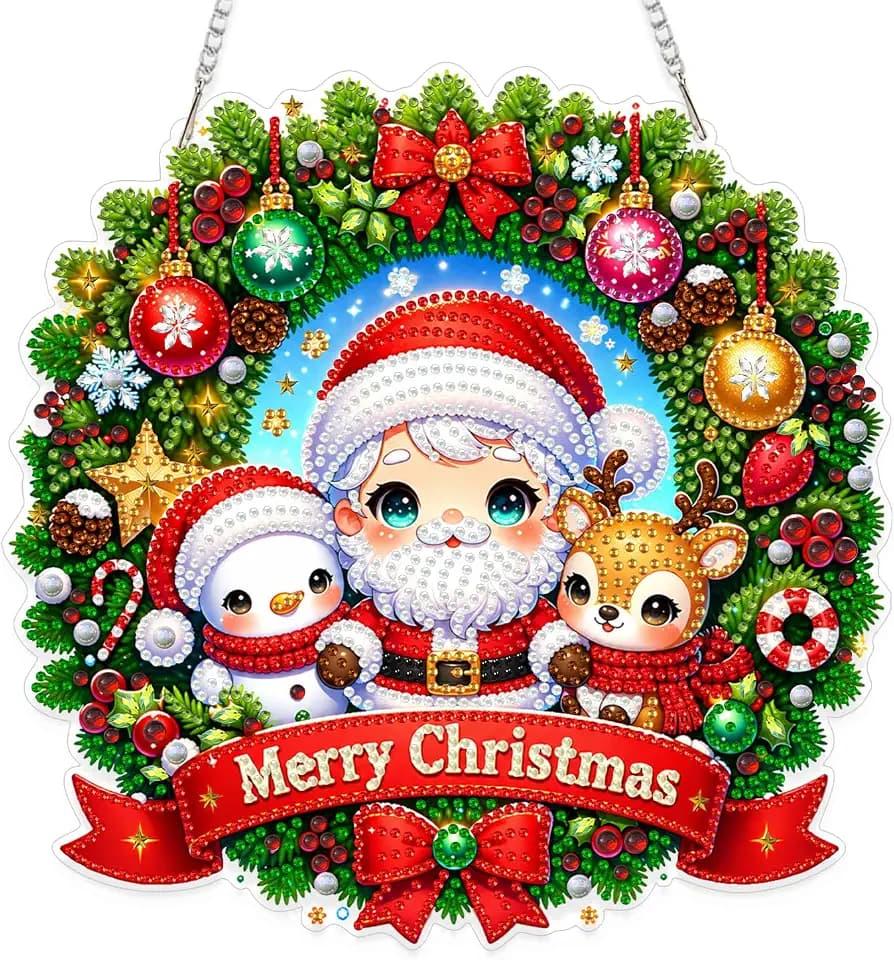 Eiflow Hanging Christmas Diamond Art Wreath Kit for Adults DIY Acrylic Diamonds Craft Painting Ornament Santa Claus Kit, Special Crystal Diamond Art Painting Window Door Hanging Pendant