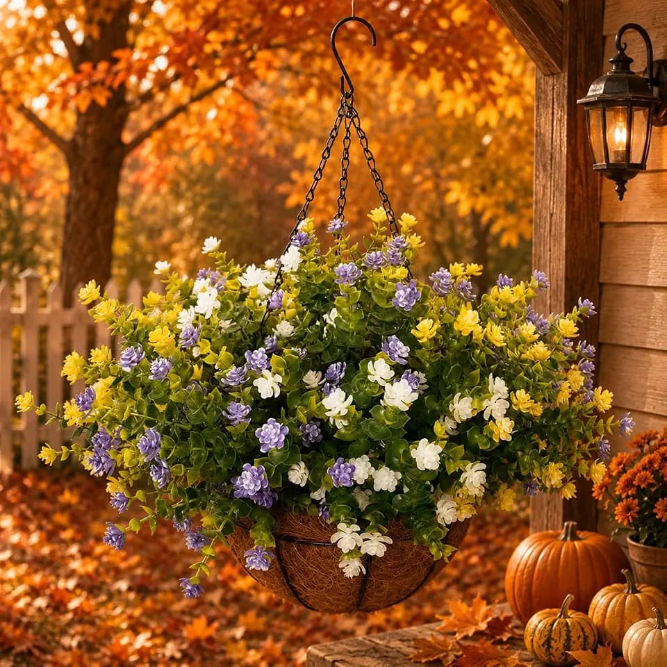 Artificial Hanging Flowers Basket, 12 UV-Resistant Bundles of Realistic Fake Flowers, Faux Plants for Outdoor Decor, Home, Garden, Porch, Patio, Spring & Summer Decorations, Yellow Purple White