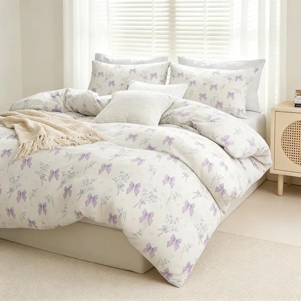Sedefen Purple Floral Duvet Cover Queen Size Bow Printed Duvet Cover Set with Flower 3 Pcs Kids Girls Heart Bows Spring Romantic Flowers Soft Breathable Aesthetic Reversible Bedding Set