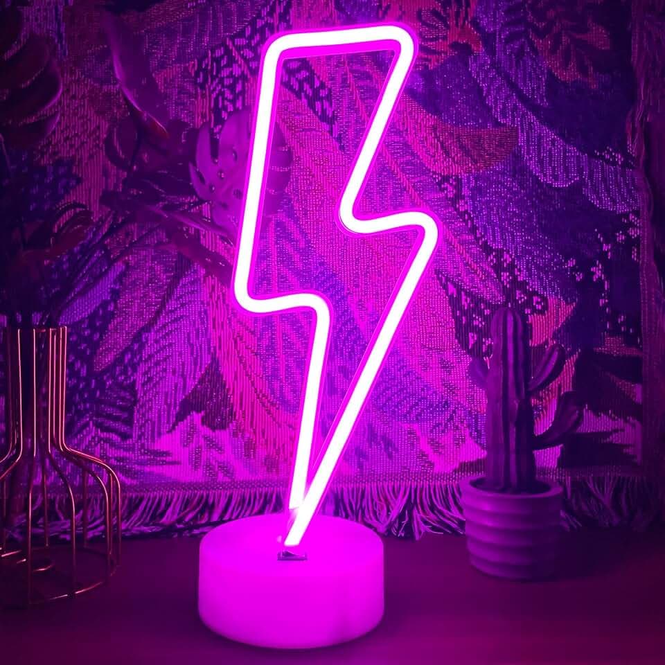 Lightning Bolt Neon Sign Purple With Base for Bedroom, USB/Battery Thunder Lamp Night Light, LED Shaped Decor for Desk Table Game Room Man Cave
