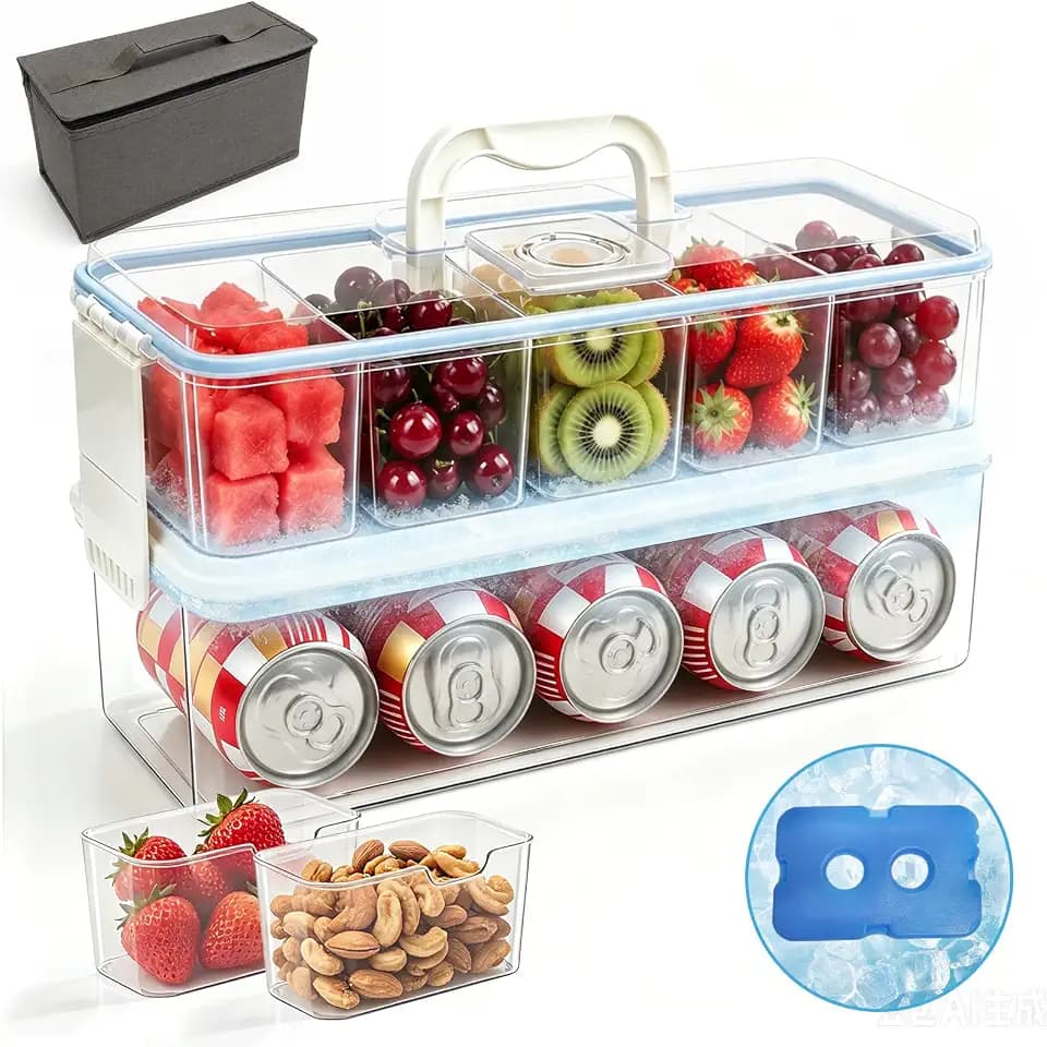 Snackle Box Container with 2 Ice Packs, Double Layer 10-Compartment Divided Serving Tray, Large Chilled Portable Snack Box with Insulated Bag for Charcuterie, Beach, Travel, Road Trip
