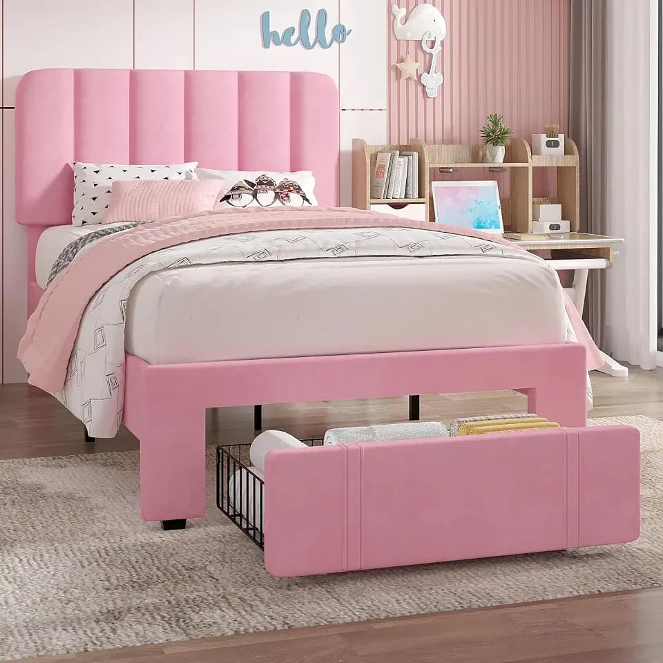 VECELO Twin Size Upholstered Bed Frame with Drawer and Headboard, Velvet Platform Storage Bedframe, Wooden Slats Support, No Box Spring Needed,Pink