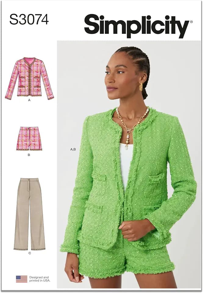Simplicity SS3074Y5 Misses' Fitted Lined Cardigan Jacket, Wide Leg Shorts and Wide Leg Pants Sewing Pattern Packet, Design Code S3074, Sizes 18-20-22-24-26