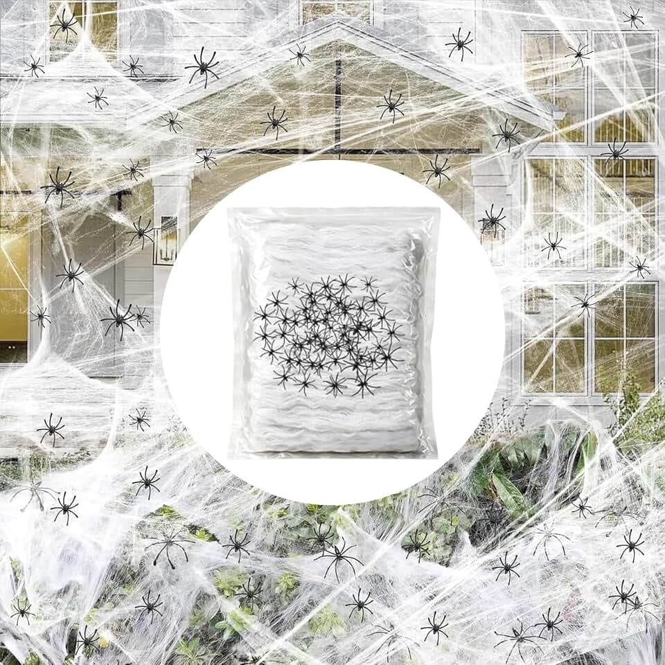 Famoby 1200 sqft Halloween Spider Webs and 50pcs Fake Spiders Super Stretch Cobwebs Party Decorate for Halloween Theme Indoor and Outdoor Decoration