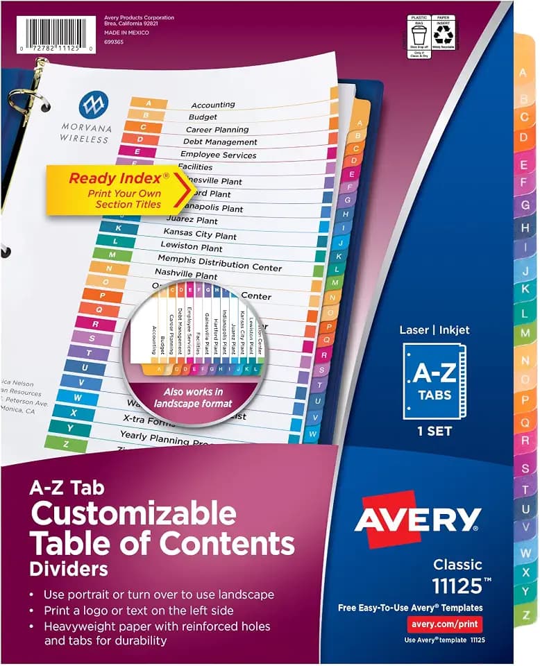 Avery A-Z Table of Contents Dividers, 26-Tab, Multicolor, 1 Set