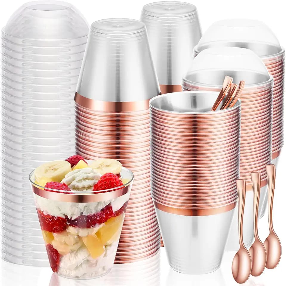 Jinei 50 Sets 9 oz Rose Gold Plastic Dessert Cups with Dome Lids Spoons