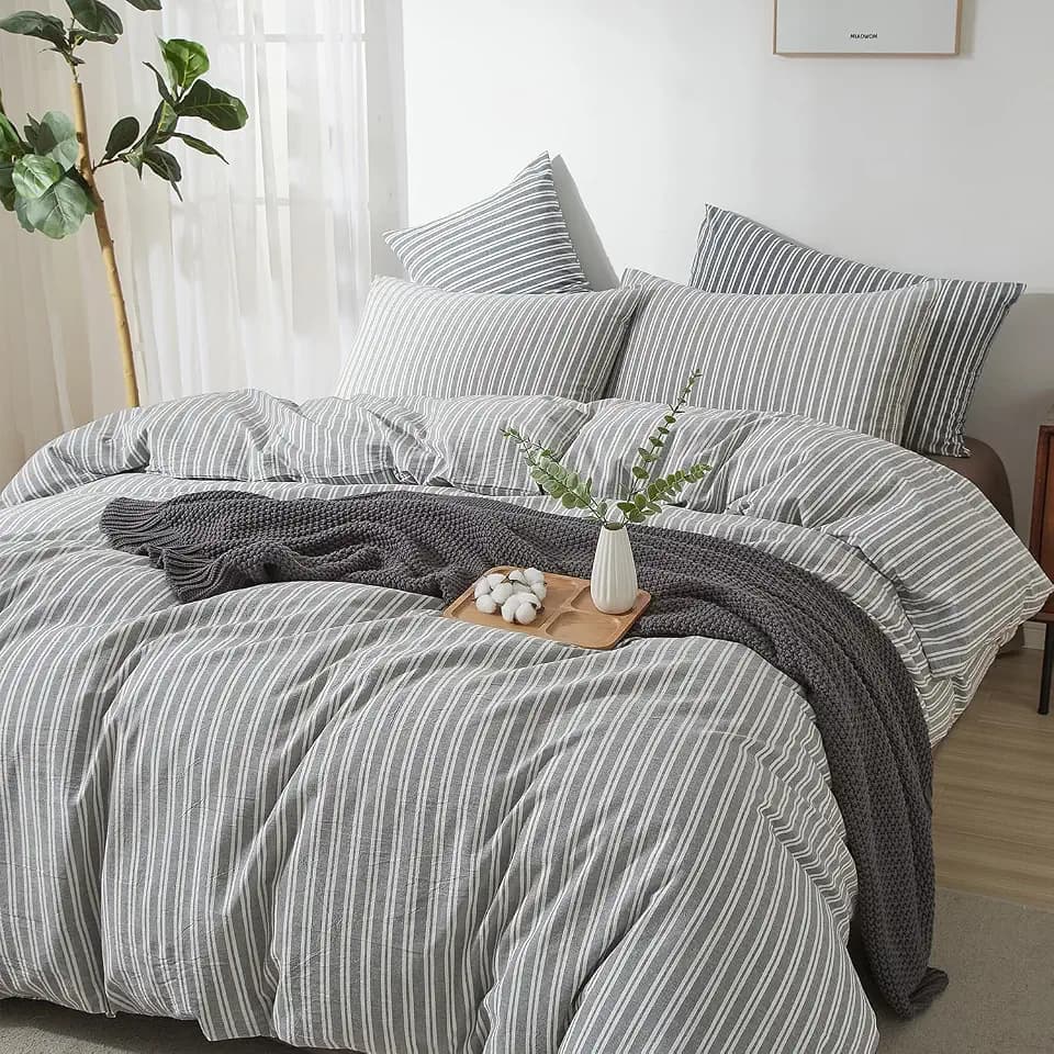 Striped Duvet Cover Set 100% Washed Cotton Linen Feel King