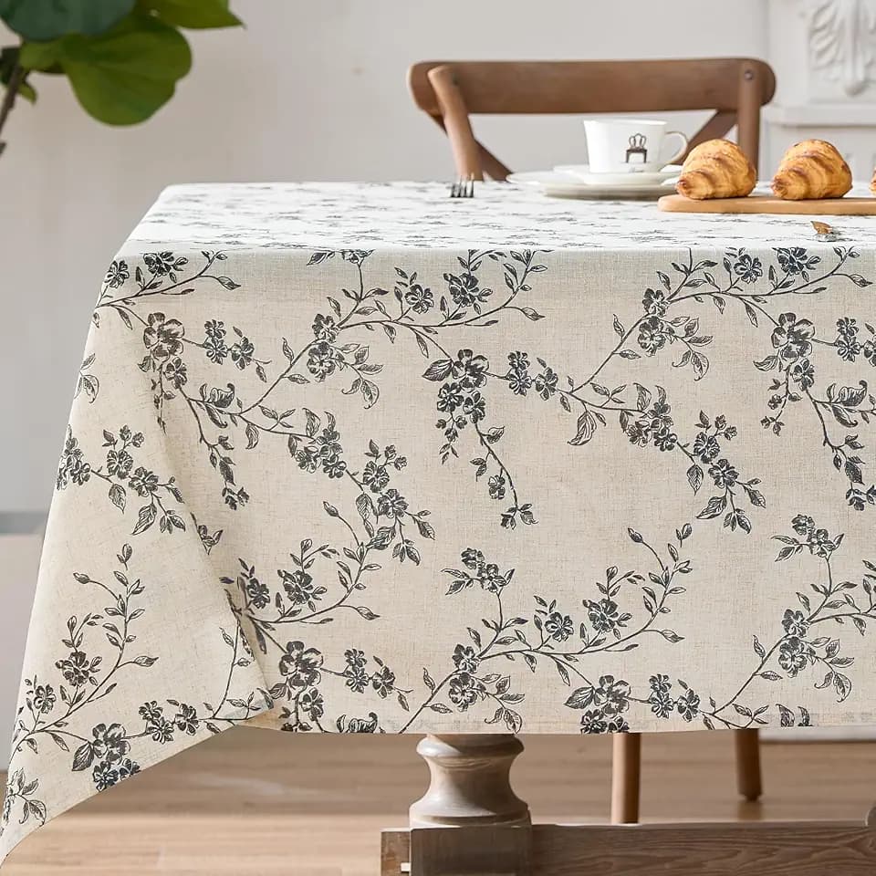 jinchan Black Farmhouse Floral Linen Rectangle Table Cloth 52 x 70 Inch
