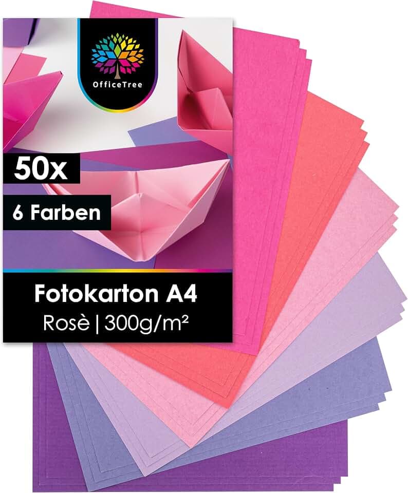 OfficeTree 50 Blatt Fotokarton A4 Rosé Töne - 300g - 6 Farben - Tonkarton zum Basteln & Drucken - Fotokarton 300g - Bastel Karton - Rosa Tonpapier Rosa Papier - Tonpapier Pink