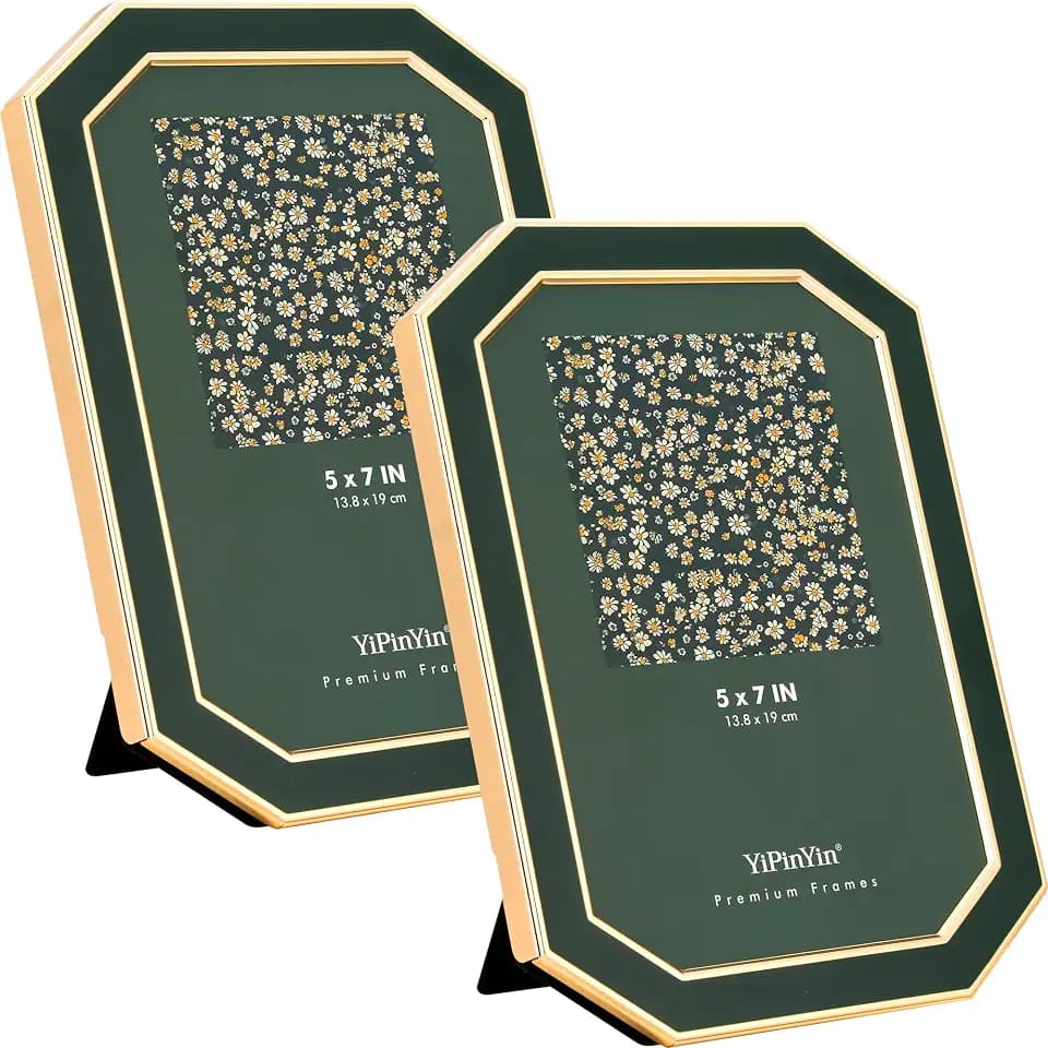 YiPinYin 5x7 Jasper Green Enamel Picture Frames with Gold Metal Plated Edge - HD-Real Glass & Velvet Back,Octagon Shape,Tabletop & Wall Mount