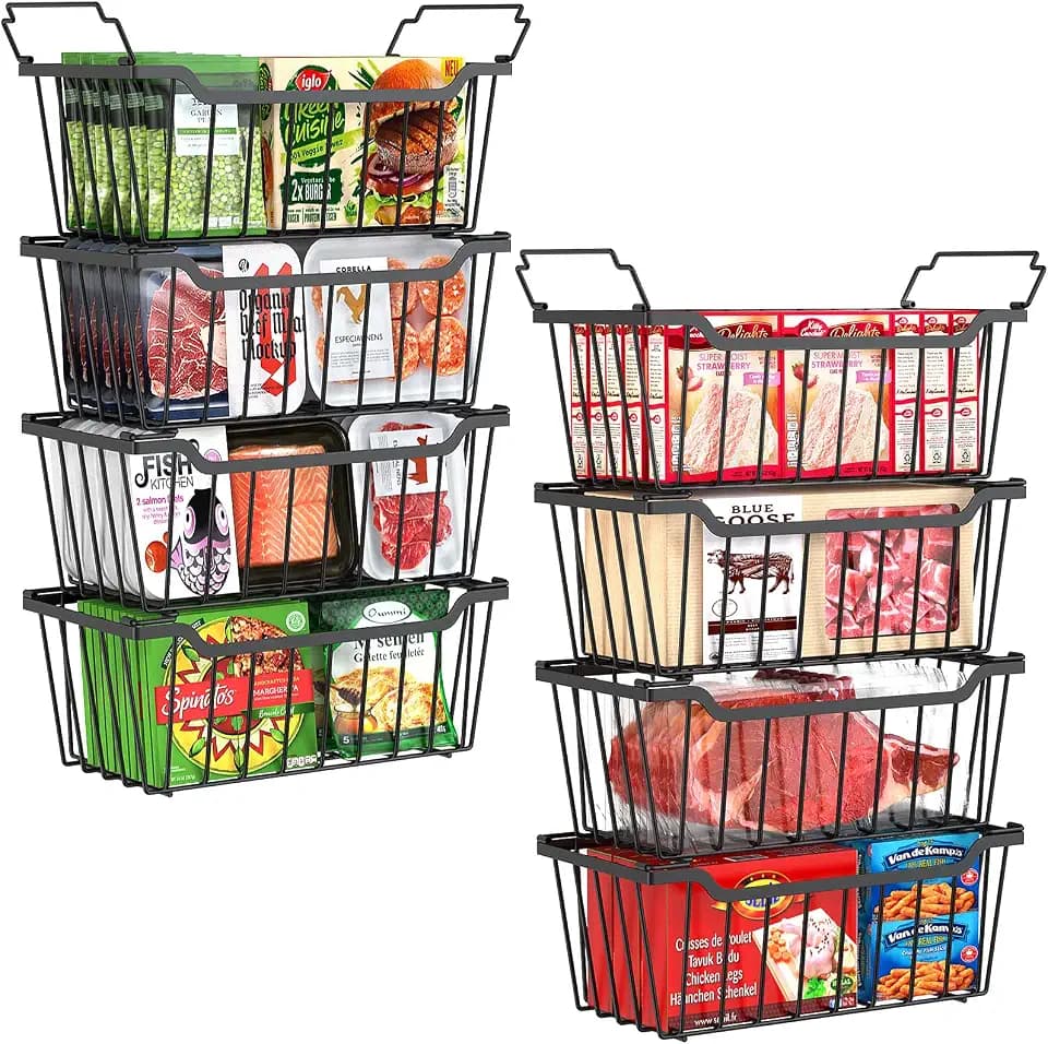 SUNALLY Freezer Organizer Bins, 8 Pack Stackable Pantry Storage Bins, Black