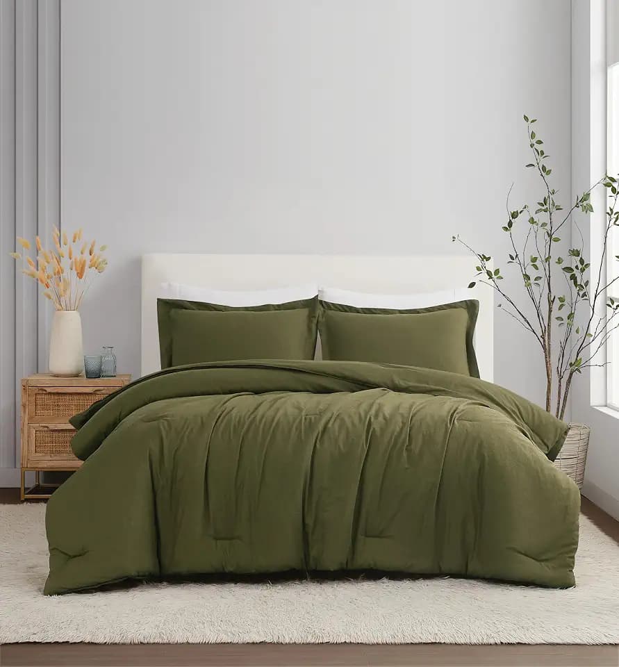 Brooklyn Loom Flax Linen Moss Green King 3 Piece Comforter Set, Solid Color Themed, Oeko-TEX Certified Confidence