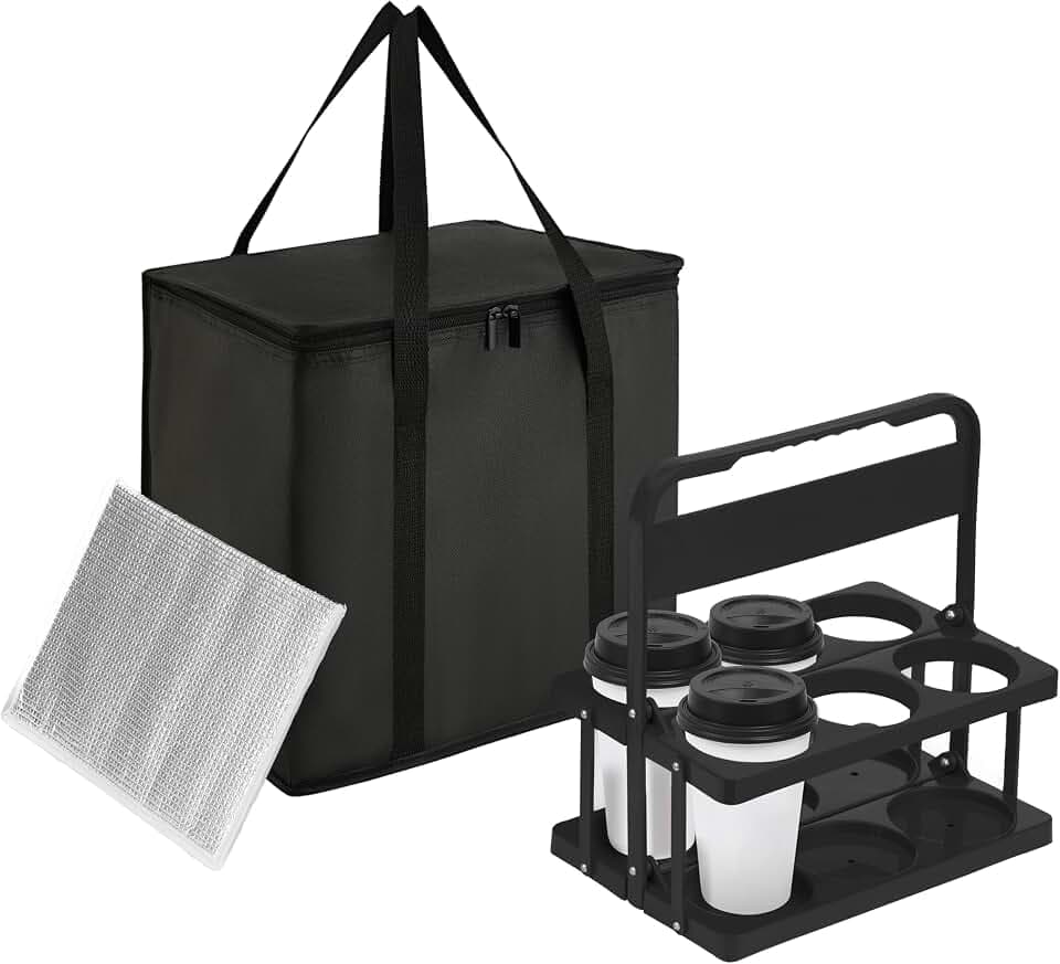Reusable 6 Cup Drink Carrier with Handle and Insulated Food Delivery Bag