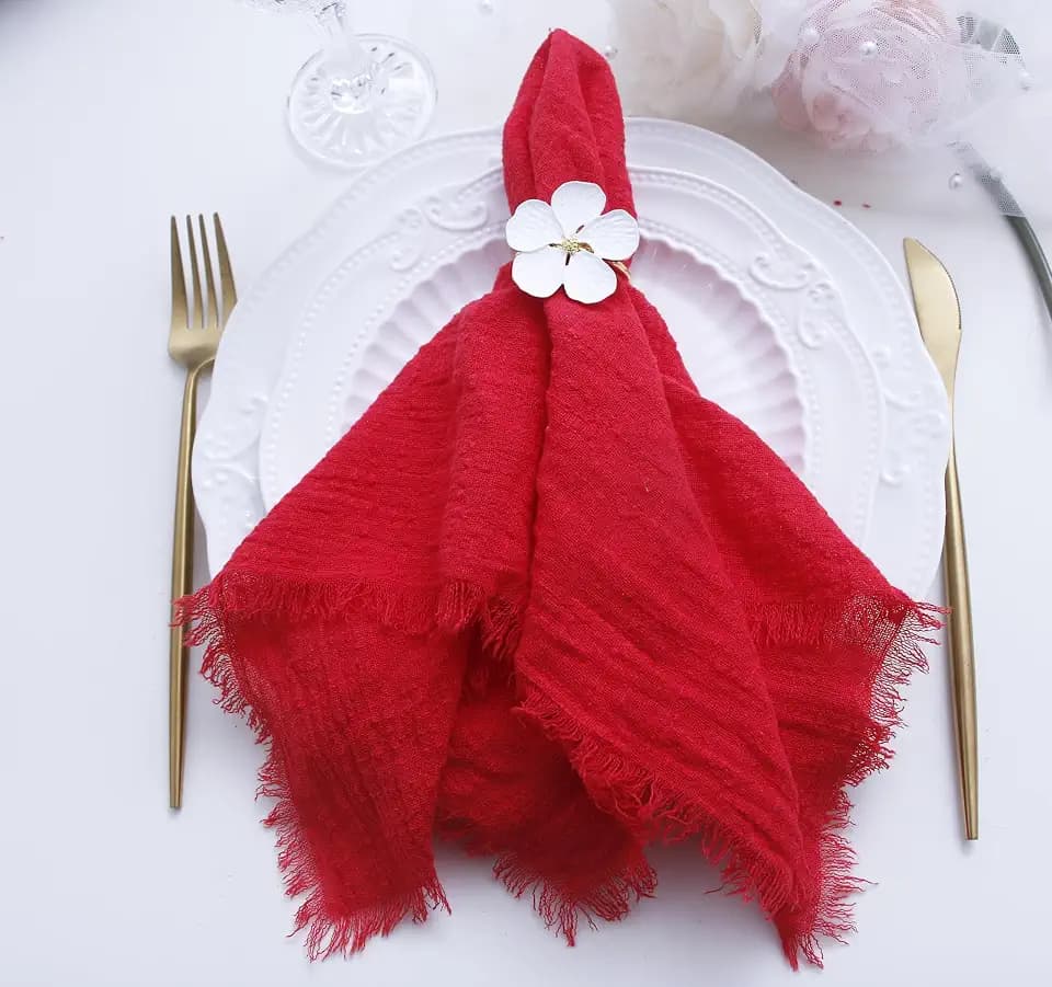 Fall Cloth Napkins with Fringe, Cotton Gauze Napkins Set of 12, Red