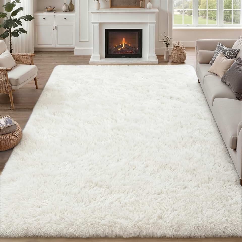 9x12 Area Rug Living Room Bedroom: Fluffy Plush Shag Carpet Ivory