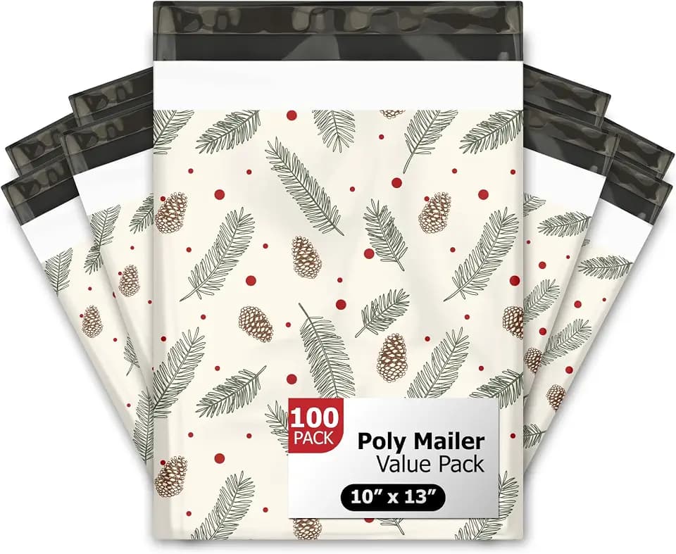 10x13 (100) Pinecones Christmas Winter Designer Poly Mailers Self Sealing Waterproof Shipping Envelopes Holiday Premium Printed Bags For Small Businesses
