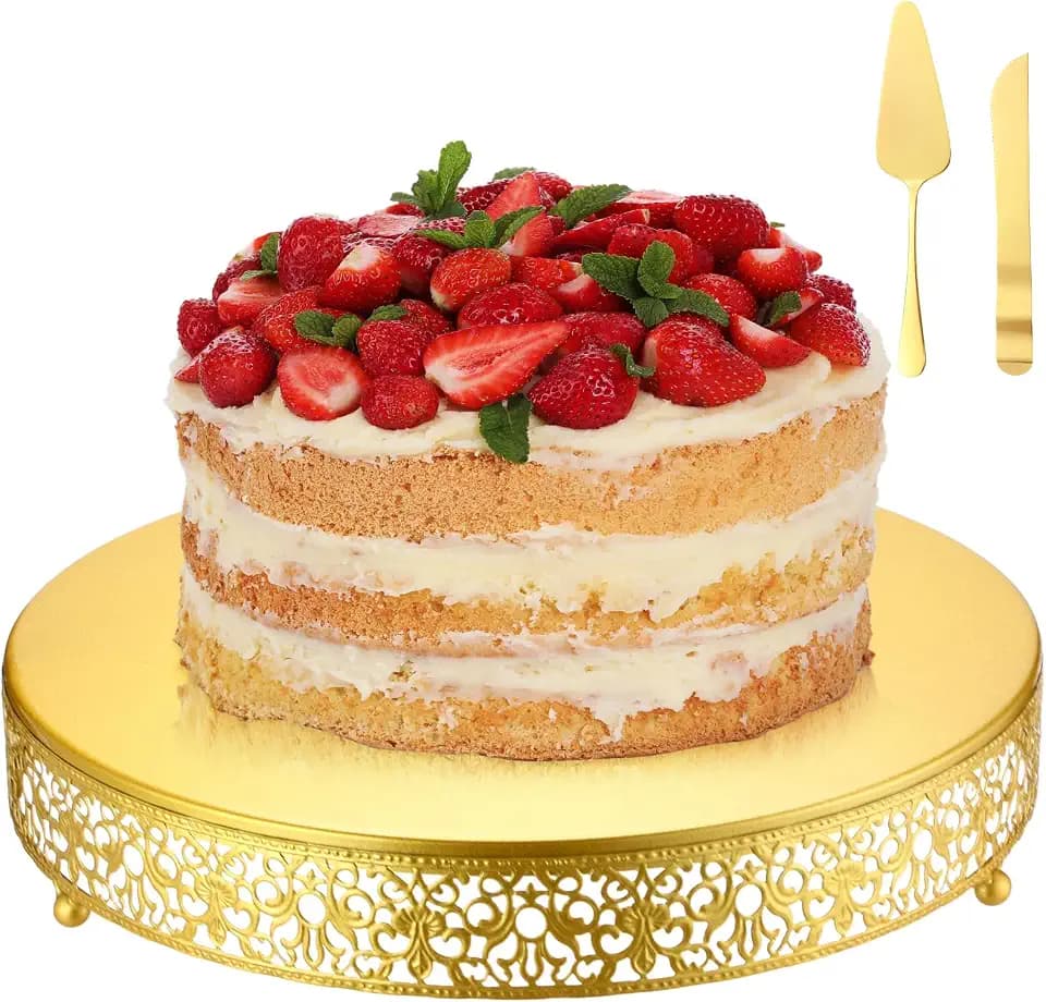 Wenqik 14 Inch Gold Cake Stand Metal Round with Cutter Spatula, Classic