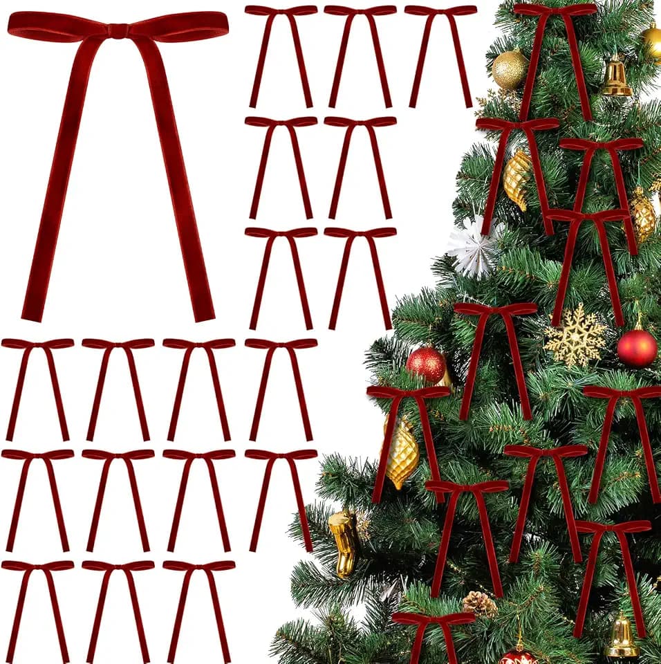 24 Pcs Velvet Christmas Tree Bow, 5x7,3/8" w, Dark Red