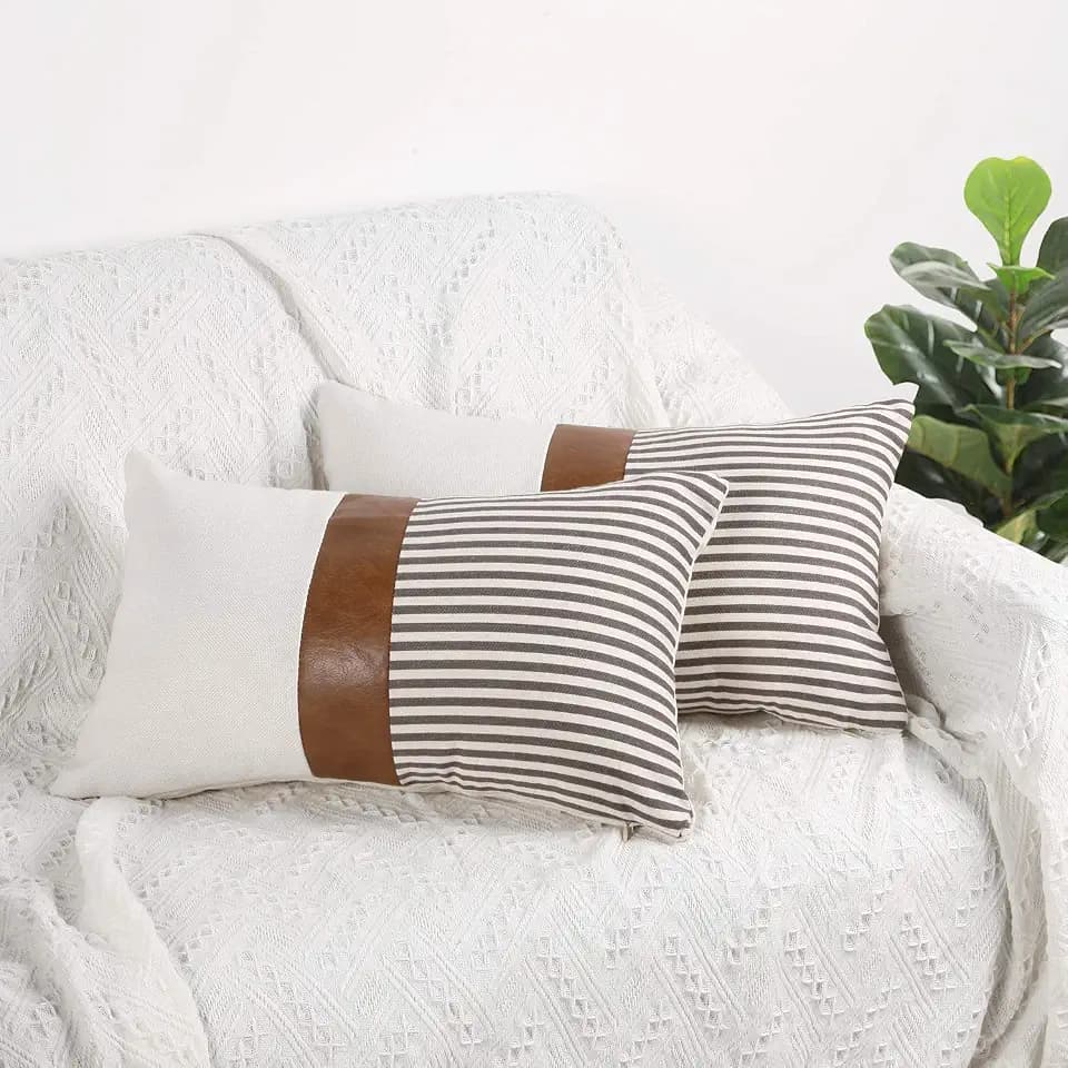 12x20 Pillow Covers Set of 2 Farmhouse Decor Stripe Patchwork Linen Throw Lumbar Pillow Covers Modern Faux Leather Covers for Couch Sofa, Gray