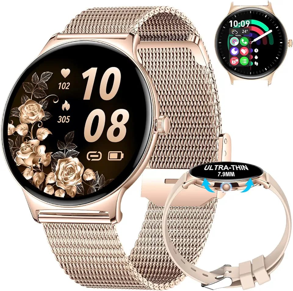 LIGE Damen Smartwatch Bluetooth Anrufe für Android iOS 100+ Sport 1.43" AMOLED Always-on Display Damen Smartwatch Rosegold Schrittzähler Kalorien
