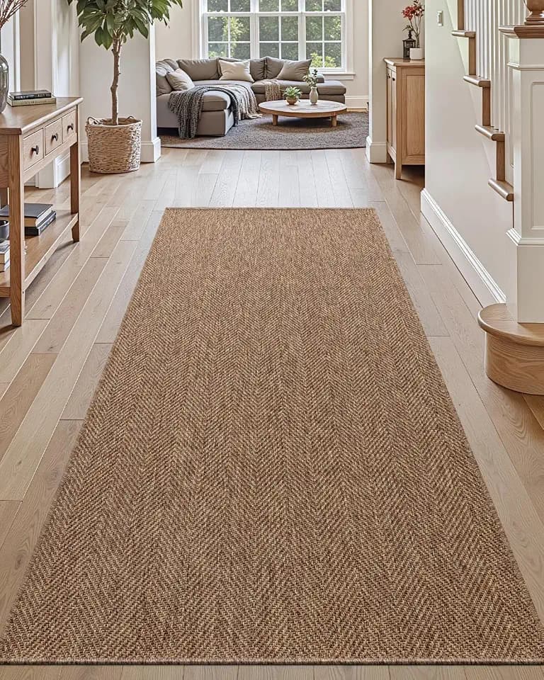 DEXI Hallway Runner Rug 3.3x6.7, Woven Braided Farmhouse Runner Carpet Indoor, Absorbent Thin Long Entryway Runners for Kitchen, Laundry Room, Patio Entrance, Brown