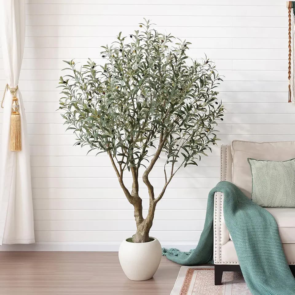 VeriNatural Artificial Olive Tree 6FT Faux Plant Home Decor - Large White Pot with Lifelike Silk Leaves, UV Resistant & No Maintenance - Indoor Outdoor Fake Tree for Modern Office Living Room,VN164